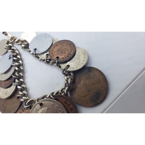 Vintage Coin Charm Bracelet Souvenir Mixed Coins Queen Elizabeth Regina Collect - Picture 5 of 11